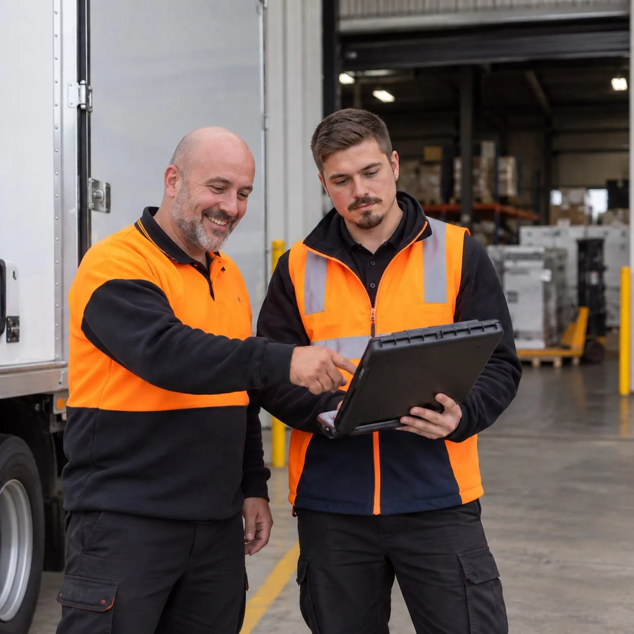 Two Honor crew at the back of a truck checking a job on a rugged laptop, the warehouse dock behind them.