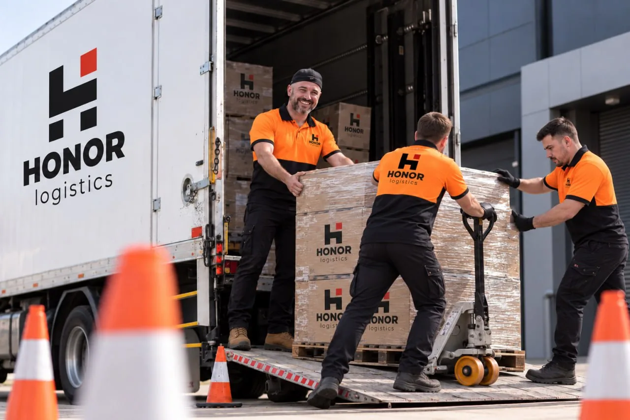 Three Honor technicians unloading a shrink-wrapped pallet of boxed equipment from the tail of a Honor truck on a pallet jack.