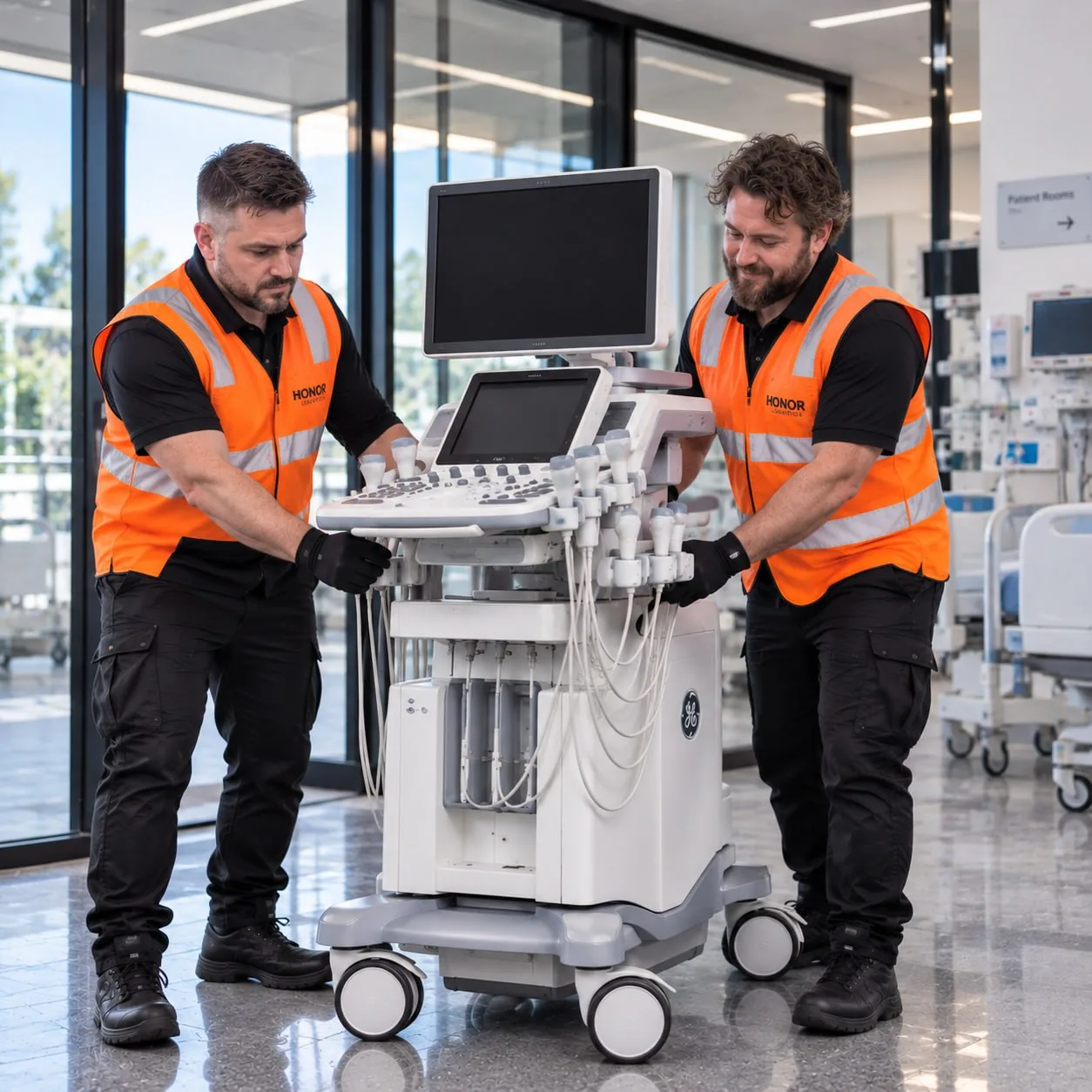 Two Honor technicians in hi-vis vests steering an ultrasound cart along a clinical corridor.