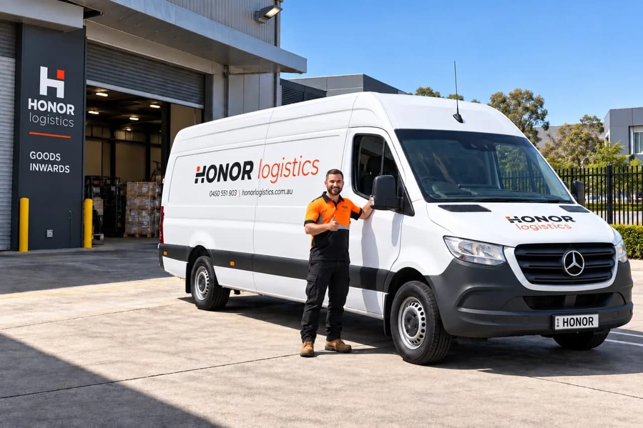 A Honor Logistics van parked at a Goods Inwards dock, a technician in uniform standing beside the open cab door.