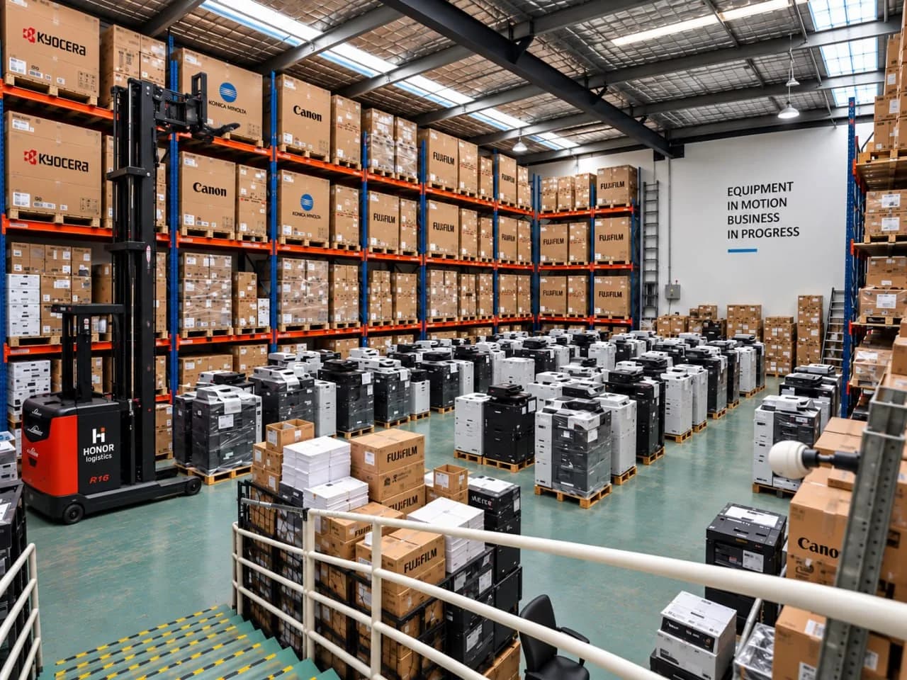 Honor's warehouse: pallet racking stacked with boxed multifunction printers, staged machines on pallets on the floor, and a Honor reach truck in the aisle.